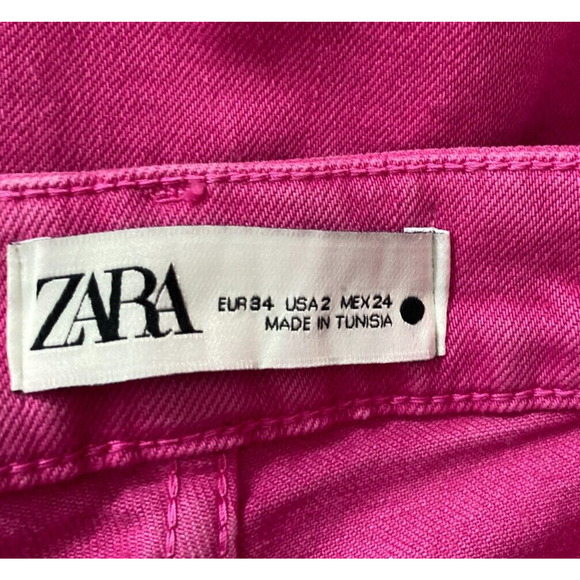 Zara Size 2 Hot Pink Denim Jeans Straight Pockets Raw Hem Casual Barbie Core - Picture 5 of 6